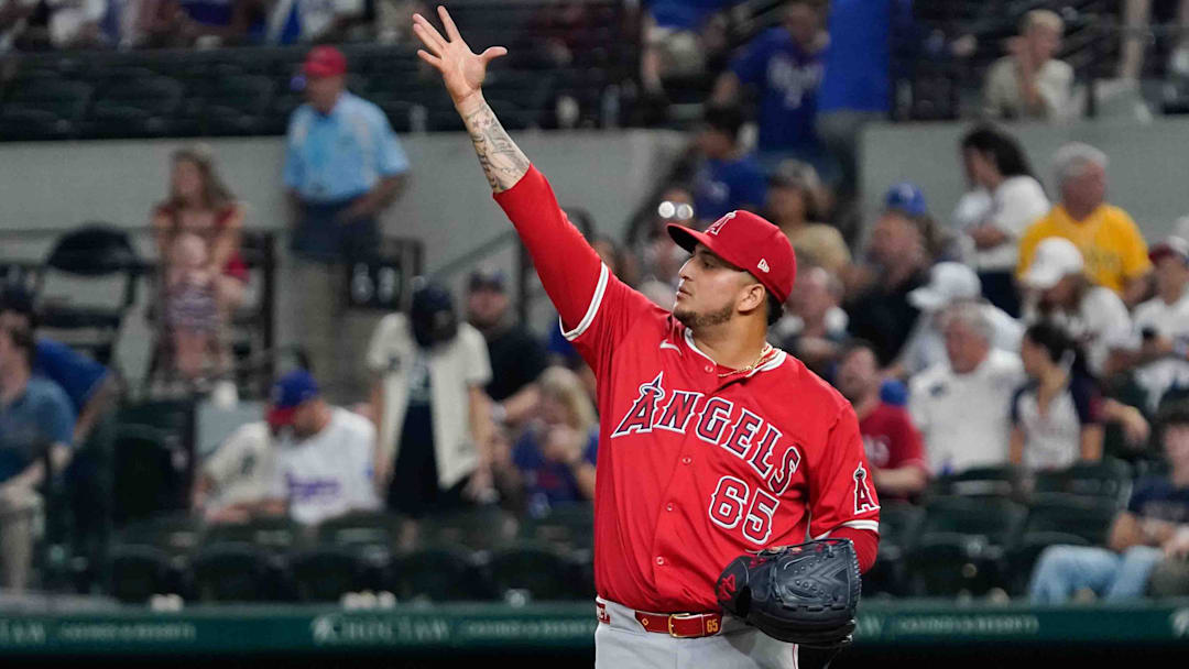 Sep 6, 2024; Arlington, Texas, USA; Los Angeles Angels pitcher José Quijada (65) reacts after final out of the game against the Texas Rangers at Globe Life Field. Mandatory Credit: Raymond Carlin III-Imagn Images