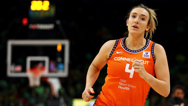 Jul 19, 2024; Phoenix, AZ, USA; Connecticut Sun player Marina Mabrey participates in the 3-point contest during the WNBA All-Star Skills Night at the Footprint Center. Mandatory Credit: Mark J. Rebilas-USA TODAY Sports