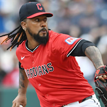 Jun 8, 2025; Cleveland, Ohio, USA; Cleveland Guardians relief pitcher Emmanuel Clase (48) throws a pitch during the ninth inning against the Houston Astros at Progressive Field. Mandatory Credit: Ken Blaze-Imagn Images