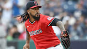 Jun 8, 2025; Cleveland, Ohio, USA; Cleveland Guardians relief pitcher Emmanuel Clase (48) throws a pitch during the ninth inning against the Houston Astros at Progressive Field. Mandatory Credit: Ken Blaze-Imagn Images