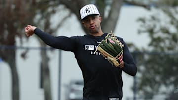 Feb 20, 2025; Tampa, FL, USA; New York Yankees pitcher Devin Williams (38) during work outs at George M. Steinbrenner Field. Mandatory Credit: Kim Klement Neitzel-Imagn Images