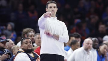 Jan 13, 2024; Oklahoma City, Oklahoma, USA; Oklahoma City Thunder head coach Mark Daigneault gestures to his team on a play against the Orlando Magic during the second half at Paycom Center. Mandatory Credit: Alonzo Adams-USA TODAY Sports