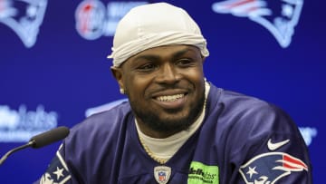 Nov 10, 2023; Frankfurt, Germany;  New England Patriots safety Jabrill Peppers (5) speaks to the media before an NFL International Series practice at the Deutcher Fussball-Bund facility. Mandatory Credit: Nathan Ray Seebeck-USA TODAY Sports