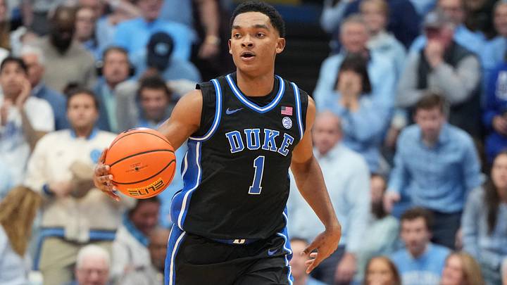 Feb 7, 2026; Chapel Hill, North Carolina, USA;  Duke Blue Devils guard Caleb Foster (1) with the ball in the first half at Dean E. Smith Center.
