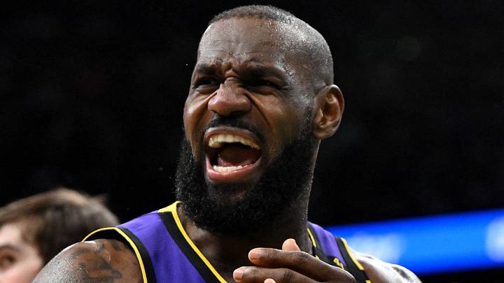 Mar 8, 2025; Boston, Massachusetts, USA; \Los Angeles Lakers forward LeBron James (23) reacts after a non-call against the Boston Celtics during the second quarter at the TD Garden. Mandatory Credit: Brian Fluharty-Imagn Images