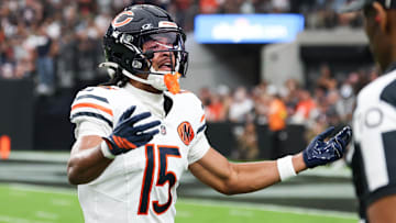 Sep 28, 2025; Paradise, Nevada, USA; Chicago Bears wide receiver Rome Odunze (15) celebrates a successful two-point conversion against the Las Vegas Raiders at Allegiant Stadium