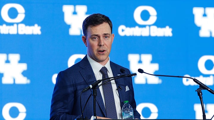 Dec 3, 2025; Lexington, KY, USA; Kentucky Wildcats head football coach Will Stein speaks during his introductory press conference at Nutter Field House. Mandatory Credit: Jordan Prather-Imagn Images