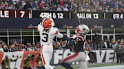 Oct 26, 2025; Foxborough, Massachusetts, USA;  Cleveland Browns wide receiver Jerry Jeudy (3) reaches for a pass against New England Patriots cornerback Christian Gonzalez (0) during the fourth quarter at Gillette Stadium. Mandatory Credit: Bob DeChiara-Imagn Images