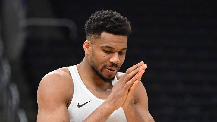 Mar 31, 2026; Milwaukee, Wisconsin, USA; Milwaukee Bucks forward Giannis Antetokounmpo (34) warms up before a game against the Dallas Mavericks at Fiserv Forum. Mandatory Credit: Benny Sieu-Imagn Images