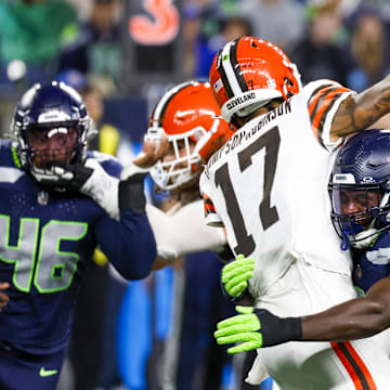 Aug 24, 2024; Seattle, Washington, USA; Seattle Seahawks linebacker Jamie Sheriff (44) pressures Cleveland Browns quarterback Dorian Thompson-Robinson (17) during the second quarter at Lumen Field.