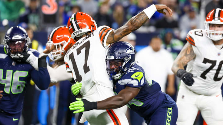 Aug 24, 2024; Seattle, Washington, USA; Seattle Seahawks linebacker Jamie Sheriff (44) pressures Cleveland Browns quarterback Dorian Thompson-Robinson (17) during the second quarter at Lumen Field.