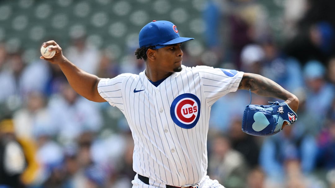 Apr 11, 2026; Chicago, Illinois, USA; Chicago Cubs pitcher Edward Cabrera (30) pitches against the Pittsburgh Pirates during the first inning at Wrigley Field. Mandatory Credit: Patrick Gorski-Imagn Images