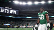 Oct 15, 2023; East Rutherford, New Jersey, USA; New York Jets defensive end Carl Lawson (58) on the field after defeating the Philadelphia Eagles at MetLife Stadium. Mandatory Credit: Vincent Carchietta-USA TODAY Sports