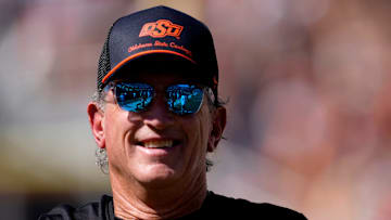 Oklahoma State Interim Head Coach/Offensive Coordinator Doug Meacham talks to players before the college football game between the Oklahoma State Cowboys and the Baylor Bears at Boone Pickens Stadium in Stillwater, Okla., Saturday, Sept. 27, 2025.