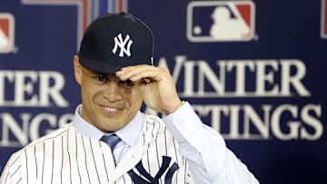 Dec 11, 2017; Orlando, FL, USA; New York Yankees outfielder Giancarlo Stanton (27) is interview by MLB network during the winter meetings at Walt Disney World Swan and Dolphin Resort. Mandatory Credit: Kim Klement-Imagn Images