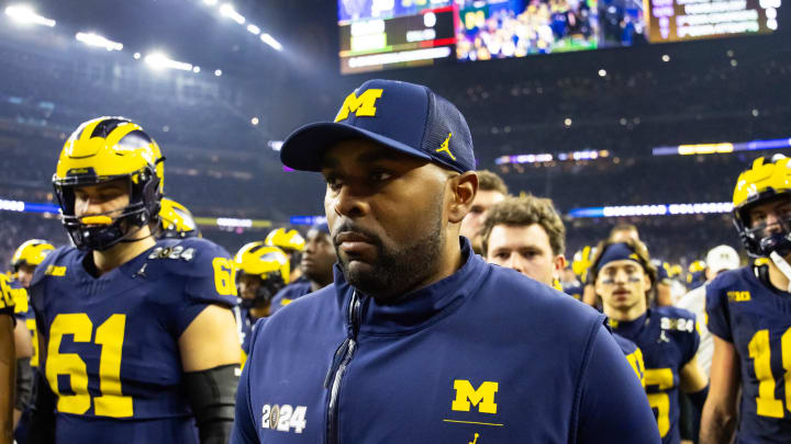 Jan 8, 2024; Houston, TX, USA; Michigan Wolverines offensive coordinator Sherrone Moore against the Washington Huskies during the 2024 College Football Playoff national championship game at NRG Stadium. Mandatory Credit: Mark J. Rebilas-USA TODAY Sports