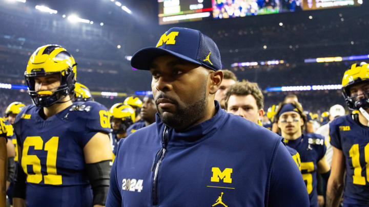 Jan 8, 2024; Houston, TX, USA; Michigan Wolverines offensive coordinator Sherrone Moore against the Washington Huskies during the 2024 College Football Playoff national championship game at NRG Stadium. Mandatory Credit: Mark J. Rebilas-USA TODAY Sports