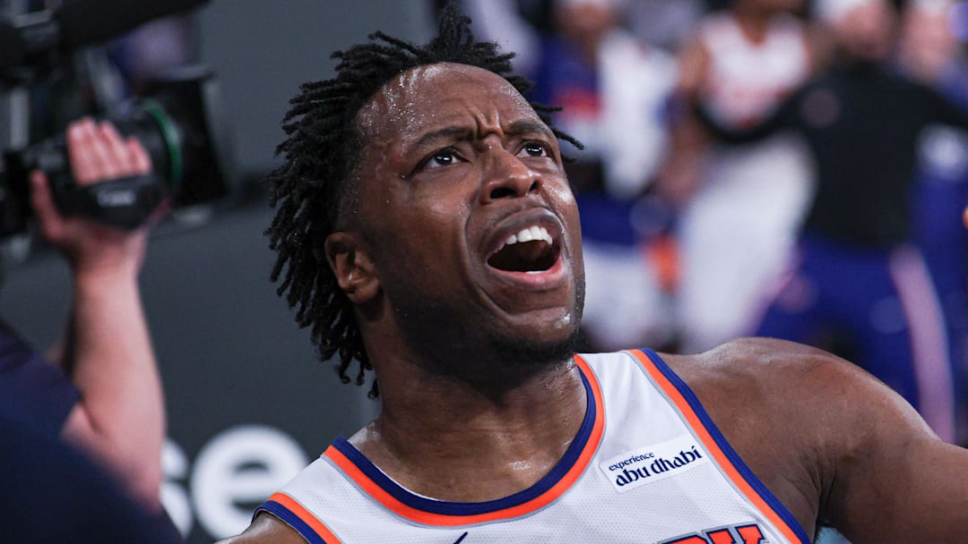 Apr 18, 2026; New York, New York, USA; New York Knicks forward Og Anunoby (8) reacts after a play against the Atlanta Hawks during the first half of the 2026 NBA Playoffs at Madison Square Garden. Mandatory Credit: Vincent Carchietta-Imagn Images