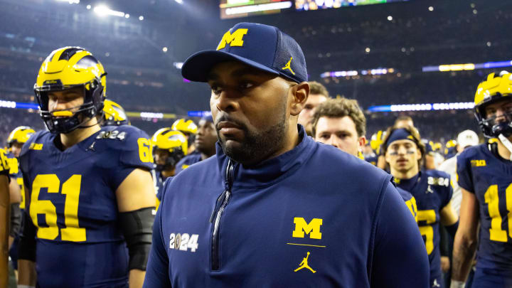 Jan 8, 2024; Houston, TX, USA; Michigan Wolverines offensive coordinator Sherrone Moore against the Washington Huskies during the 2024 College Football Playoff national championship game at NRG Stadium. Mandatory Credit: Mark J. Rebilas-USA TODAY Sports