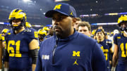 Jan 8, 2024; Houston, TX, USA; Michigan Wolverines offensive coordinator Sherrone Moore against the Washington Huskies during the 2024 College Football Playoff national championship game at NRG Stadium. Mandatory Credit: Mark J. Rebilas-USA TODAY Sports