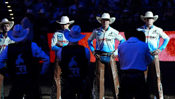 The Oklahoma City Wildcatters line up before competing during the PBR Teams: Wildcatter Days at Paycom Center in Oklahoma City, Saturday, July, 12, 2025.