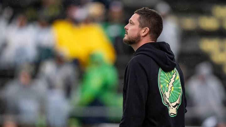 Oregon head coach Dan Lanning walks the field before the game as the Oregon Ducks host the Wisconsin Badgers on Oct. 25, 2025, at Autzen Stadium in Eugene, Oregon.