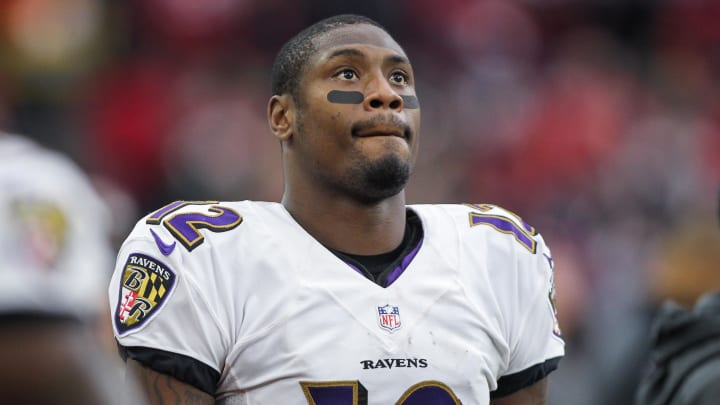 Dec 21, 2014; Houston, TX, USA; Baltimore Ravens wide receiver Jacoby Jones (12) during the game against the Houston Texans at NRG Stadium. Mandatory Credit: Troy Taormina-USA TODAY Sports