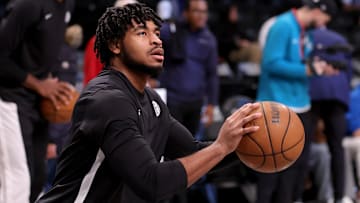Dec 8, 2023; Brooklyn, New York, USA; Brooklyn Nets guard Cam Thomas (24) warms up before a game against the Washington Wizards at Barclays Center. Mandatory Credit: Brad Penner-Imagn Images