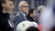 Apr 24, 2023; New York, New York, USA; New Jersey Devils head coach Lindy Ruff coaches against the New York Rangers during the second period in game four of the first round of the 2023 Stanley Cup Playoffs at Madison Square Garden. Mandatory Credit: Brad Penner-USA TODAY Sports