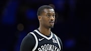 Oct 16, 2024; Philadelphia, Pennsylvania, USA; Brooklyn Nets forward Dariq Whitehead (0) in a game against the Philadelphia 76ers at Wells Fargo Center. Mandatory Credit: Bill Streicher-Imagn Images