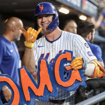New York Mets first baseman Pete Alonso (20) celebrates in the dugout after hitting a solo home run in the fourth inning against the Minnesota Twins at Citi Field on July 29.