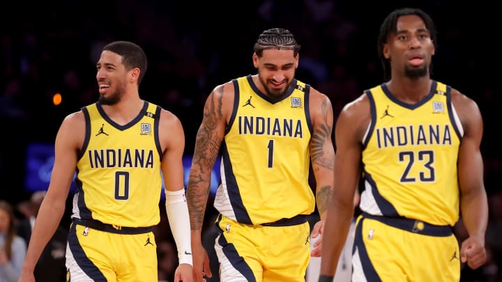 Feb 1, 2024; New York, New York, USA; Indiana Pacers guard Tyrese Haliburton (0) and forwards Obi Toppin (1) and Aaron Nesmith (23) react during the second quarter against the New York Knicks at Madison Square Garden. Mandatory Credit: Brad Penner-USA TODAY Sports