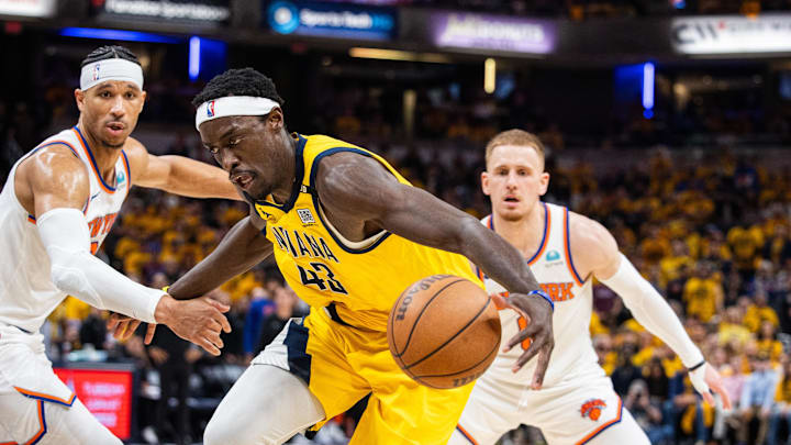 May 10, 2024; Indianapolis, Indiana, USA; Indiana Pacers forward Pascal Siakam (43) dribbles the ball while New York Knicks guard Josh Hart (3) defends during game three of the second round for the 2024 NBA playoffs at Gainbridge Fieldhouse. Mandatory Credit: Trevor Ruszkowski-Imagn Images