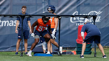 Jul 24, 2025; Englewood, CO, USA; Denver Broncos linebacker Dre Greenlaw (57) during Denver Broncos Training Camp. Mandatory Credit: Isaiah J. Downing-Imagn Images