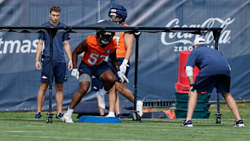 Jul 24, 2025; Englewood, CO, USA; Denver Broncos linebacker Dre Greenlaw (57) during Denver Broncos Training Camp. Mandatory Credit: Isaiah J. Downing-Imagn Images