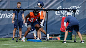 Jul 24, 2025; Englewood, CO, USA; Denver Broncos linebacker Dre Greenlaw (57) during Denver Broncos Training Camp. Mandatory Credit: Isaiah J. Downing-Imagn Images
