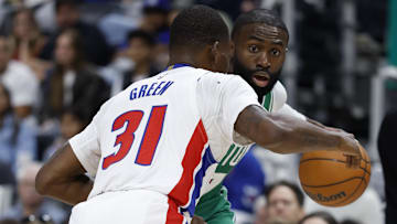 Oct 26, 2025; Detroit, Michigan, USA; Boston Celtics guard Jaylen Brown (7) dribbles defended by Detroit Pistons guard Javonte Green (31): Rick Osentoski-Imagn Images
