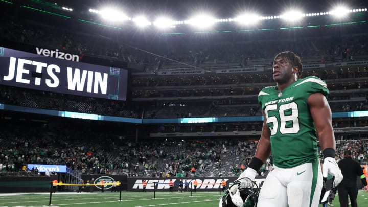 Oct 15, 2023; East Rutherford, New Jersey, USA; New York Jets defensive end Carl Lawson (58) on the field after defeating the Philadelphia Eagles at MetLife Stadium. 