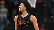 Mar 12, 2025; Indianapolis, IN, USA; USC Trojans guard Desmond Claude (1) celebrates after a play during the second half against the Rutgers Scarlet Knights at Gainbridge Fieldhouse. Mandatory Credit: Robert Goddin-Imagn Images