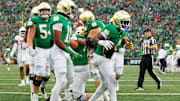 Notre Dame running back Jeremiyah Love celebrates scoring a touchdown.