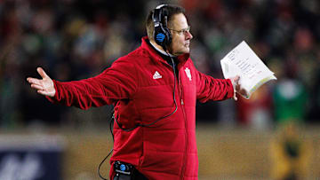 Indiana head coach Curt Cignetti holds his arms out during the first round of the College Football Playoff between Notre Dame and Indiana at Notre Dame Stadium on Friday, Dec. 20, 2024, in South Bend.