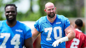 Detroit Lions offensive tackle Dan Skipper (70) practices during OTA at Meijer Performance Center in Allen Park on Friday, May 30, 2025.