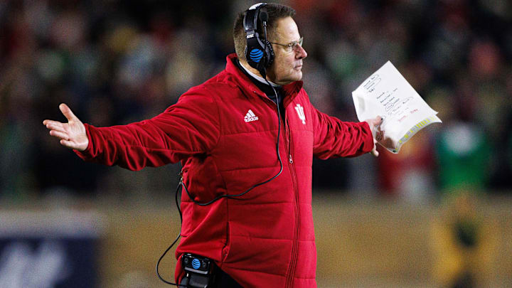 Indiana head coach Curt Cignetti holds his arms out during the first round of the College Football Playoff between Notre Dame and Indiana at Notre Dame Stadium on Friday, Dec. 20, 2024, in South Bend.