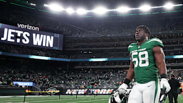 Oct 15, 2023; East Rutherford, New Jersey, USA; New York Jets defensive end Carl Lawson (58) on the field after defeating the Philadelphia Eagles at MetLife Stadium. 