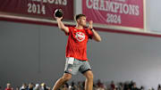 Ohio State Buckeyes quarterback Will Howard throws during the pro day for NFL scouts at the Woody Hayes Athletic Cente on March 26, 2025.