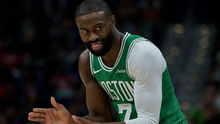 Oct 27, 2025; New Orleans, Louisiana, USA; Boston Celtics guard Jaylen Brown (7) reacts during the first half against the New Orleans Pelicans at Smoothie King Center. Mandatory Credit: Matthew Hinton-Imagn Images