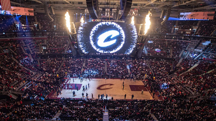 Mar 4, 2023; Cleveland, Ohio, USA; A general view of the court before a game between the Cleveland Cavaliers and the Detroit Pistons at Rocket Mortgage FieldHouse. Mandatory Credit: David Richard-Imagn Images