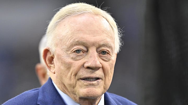 Sep 28, 2025; Arlington, Texas, USA; Dallas Cowboys owner Jerry Jones looks on before the game against the Green Bay Packers at AT&T Stadium. Mandatory Credit: Jerome Miron-Imagn Images