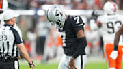 Nov 23, 2025; Paradise, Nevada, USA; Las Vegas Raiders quarterback Geno Smith (7) reacts after failing to convert against the Cleveland Browns during the fourth quarter at Allegiant Stadium. Mandatory Credit: Stephen R. Sylvanie-Imagn Images