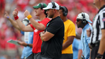 Sep 20, 2025; Oxford, Mississippi, USA; Tulane Green Wave head coach Jon Sumrall looks on during the second quarter against the Mississippi Rebels at Vaught-Hemingway Stadium. Mandatory Credit: Petre Thomas-Imagn Images